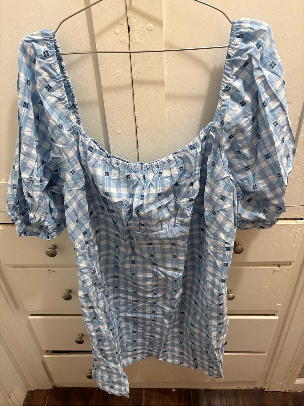 NWT H&M XXL Light Blue/White Gingham Puff Sleeve Cotton Blend Dress
